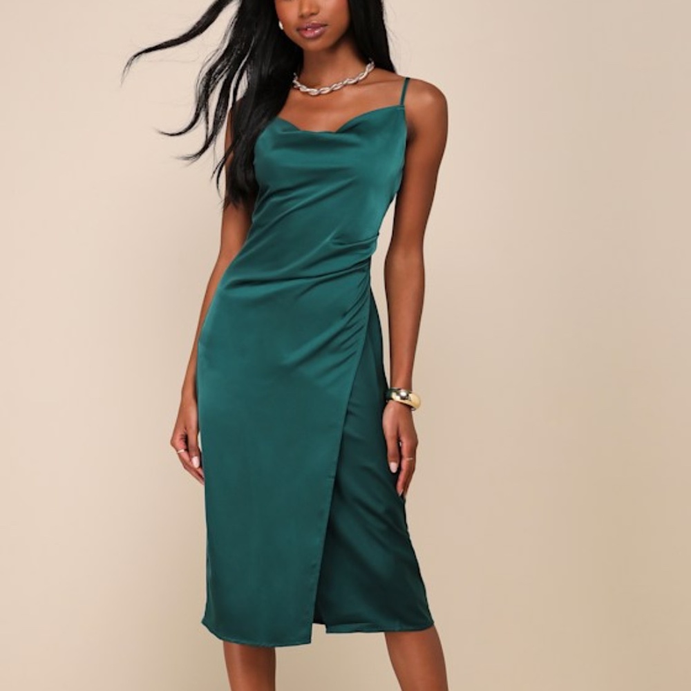 Lulus Hollywood Woman Forest Green Satin Midi Dress - Size L